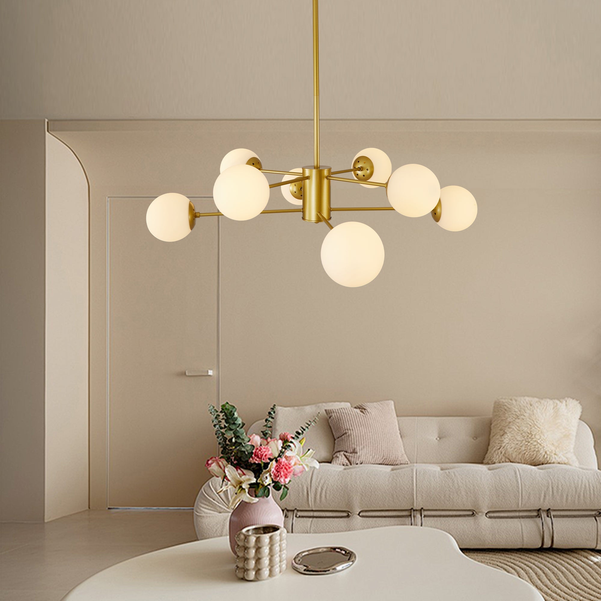 The Urban Ritual Orion Chandelier – Gold & Frosted White Glass Globe Fixture