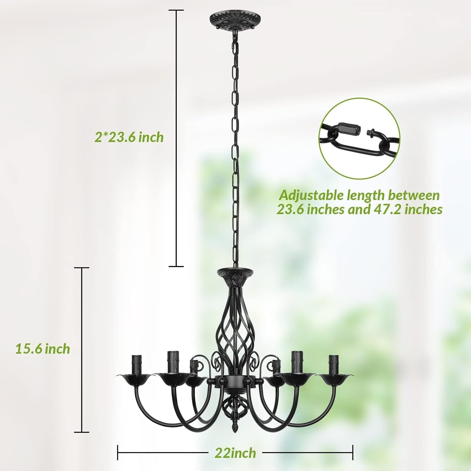Matte Black Rustic Candle Chandelier – 6-Light Industrial Farmhouse