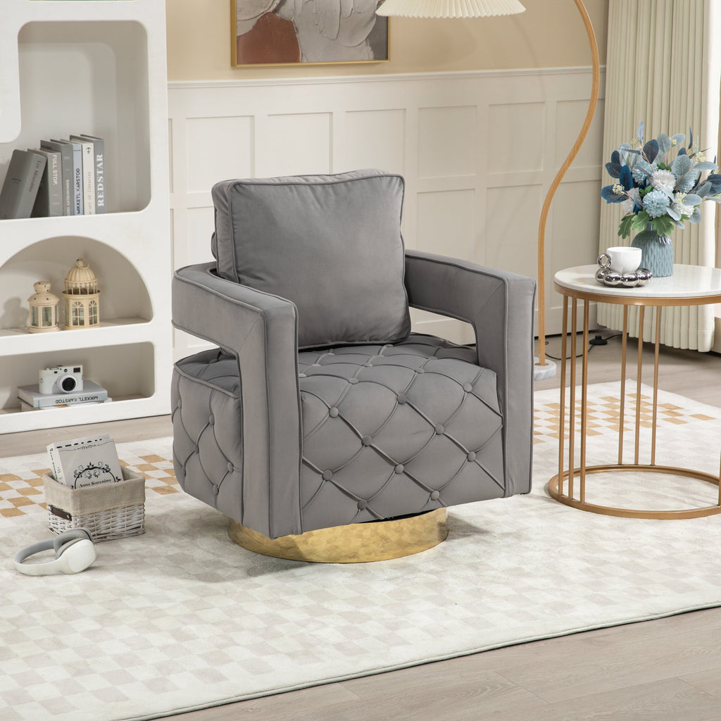 Velvet Eclipse Swivel Chair – Gray Diamond-Tufted Accent Seat