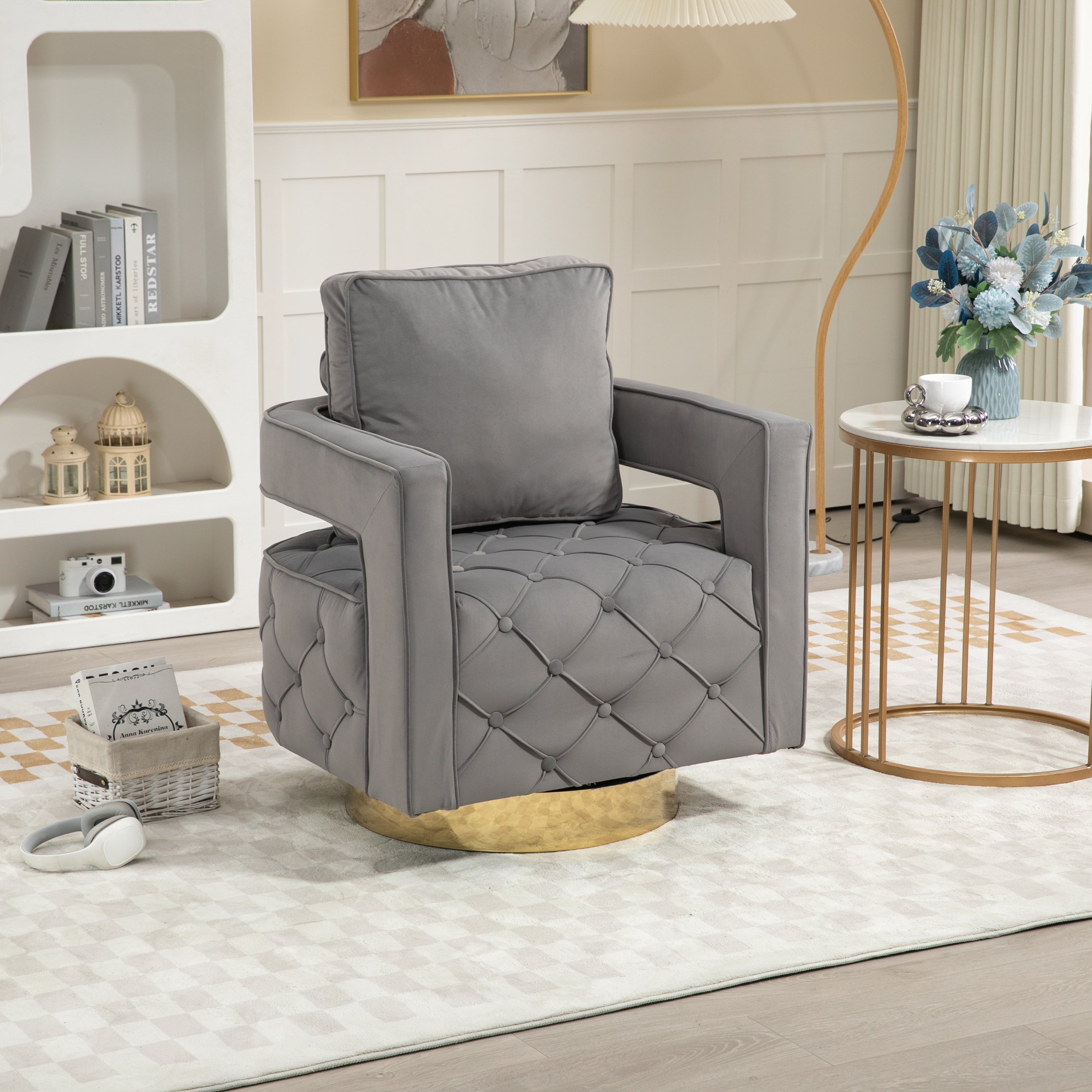 Velvet Eclipse Swivel Chair – Gray Diamond-Tufted Accent Seat