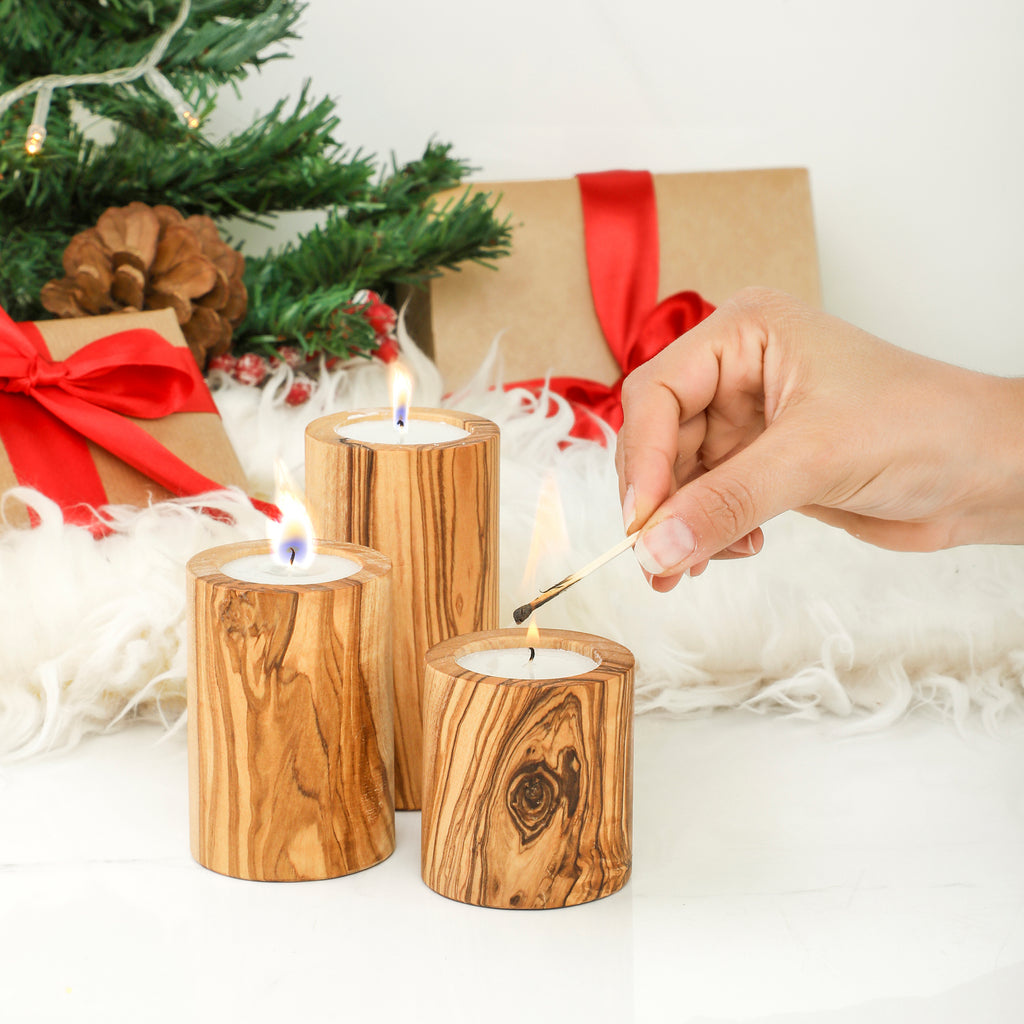 Handcrafted Tunisian Natural Olivewood Candle Trio – Handcrafted Tealight Holders