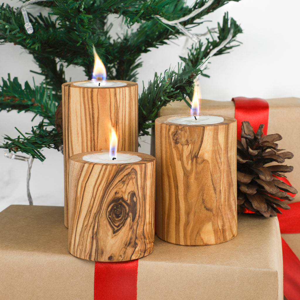 Handcrafted Tunisian Natural Olivewood Candle Trio – Handcrafted Tealight Holders