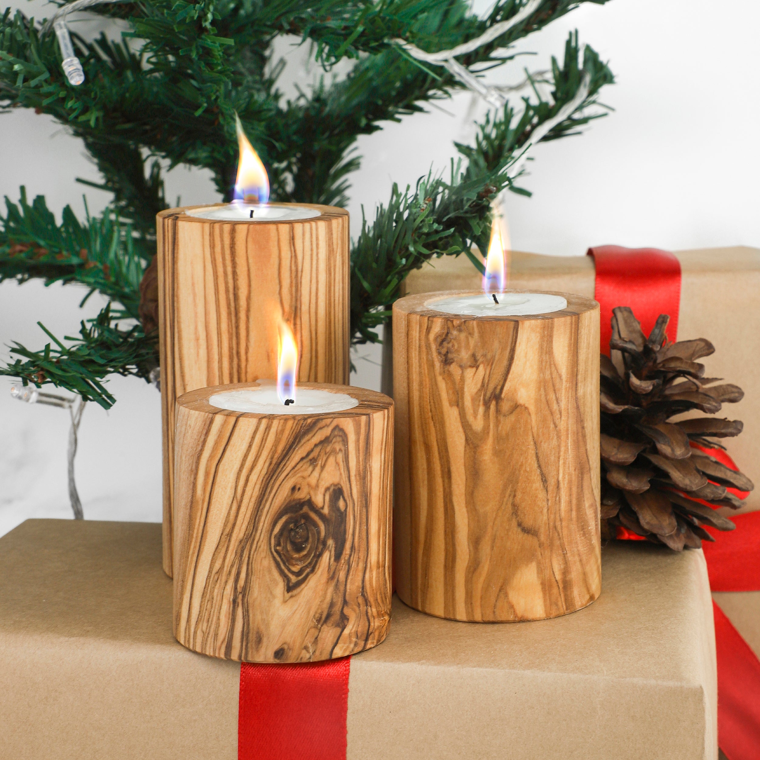 Handcrafted Tunisian Natural Olivewood Candle Trio – Handcrafted Tealight Holders