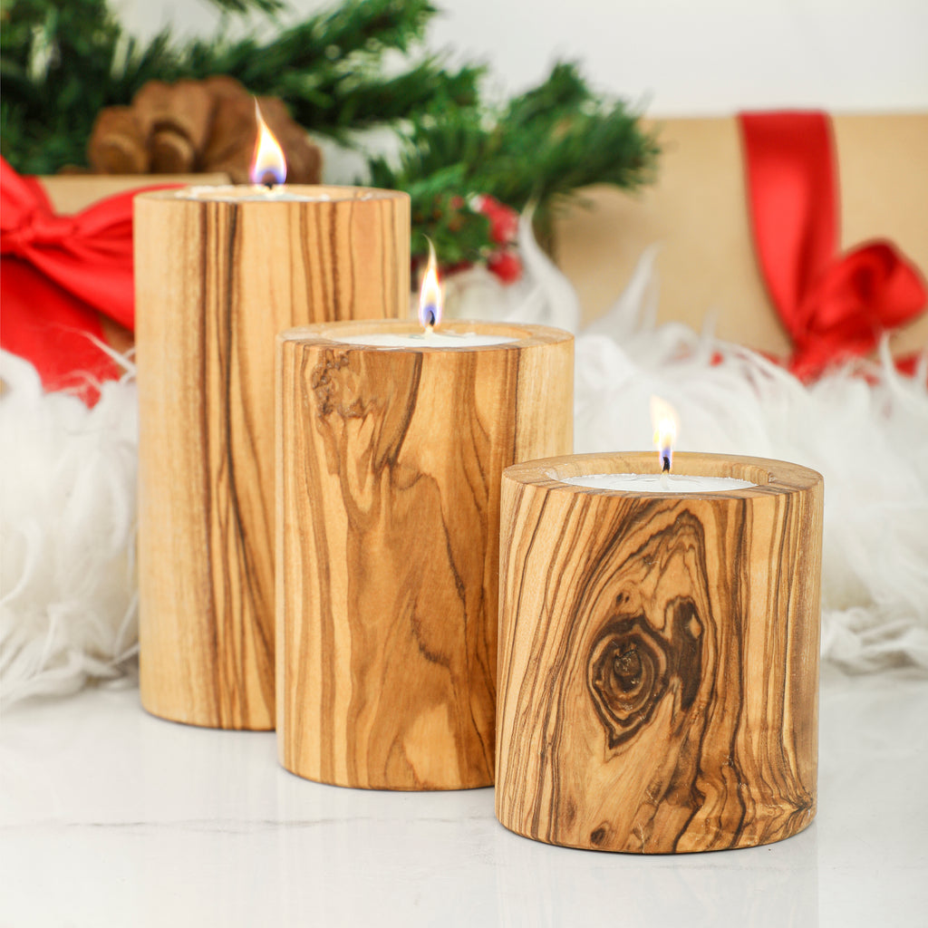 Handcrafted Tunisian Natural Olivewood Candle Trio – Handcrafted Tealight Holders