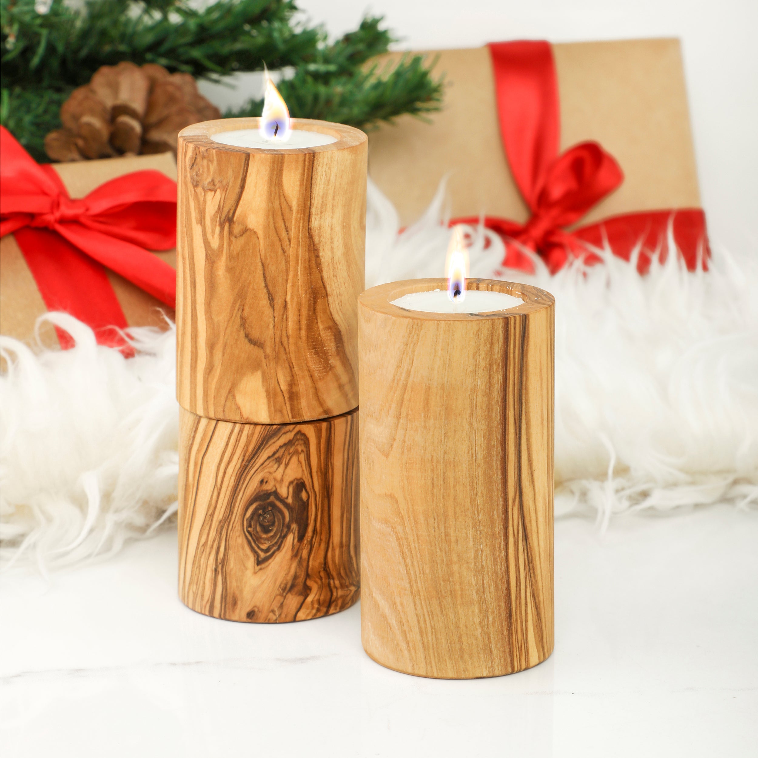 Handcrafted Tunisian Natural Olivewood Candle Trio – Handcrafted Tealight Holders