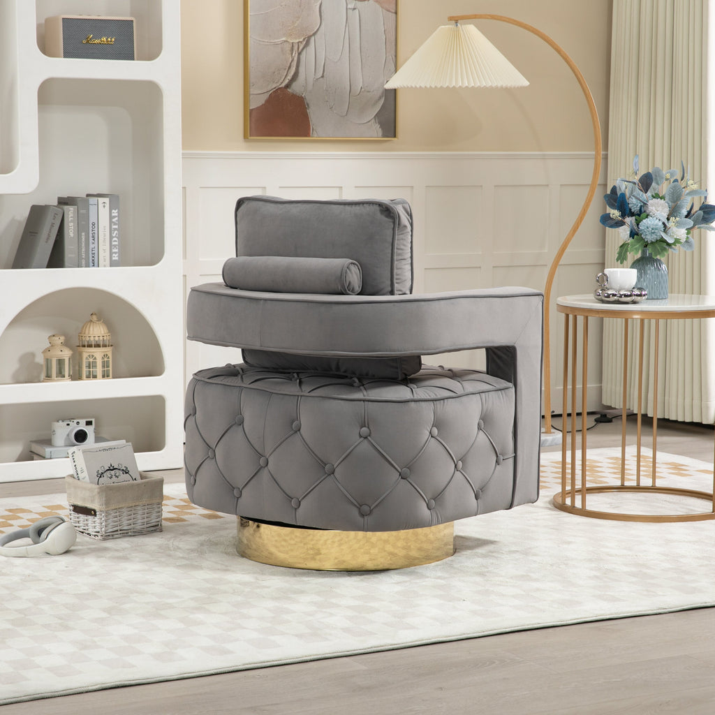 Velvet Eclipse Swivel Chair – Gray Diamond-Tufted Accent Seat