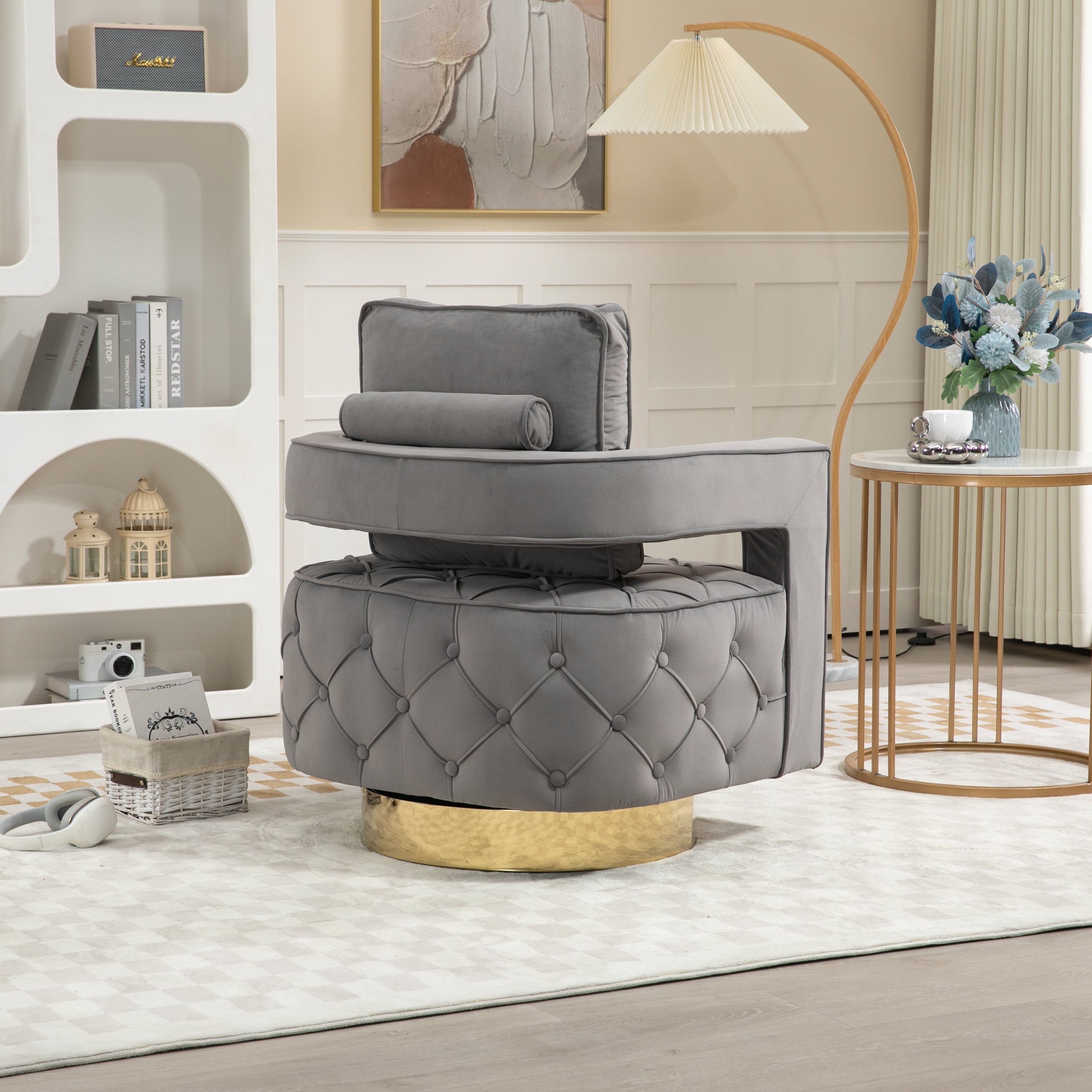 Velvet Eclipse Swivel Chair – Gray Diamond-Tufted Accent Seat