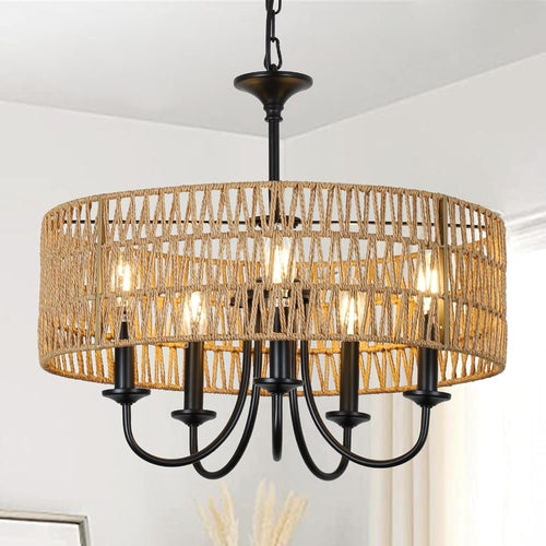 The Urban Ritual 5-Light Rattan Chandelier – Handwoven Natural Elegance