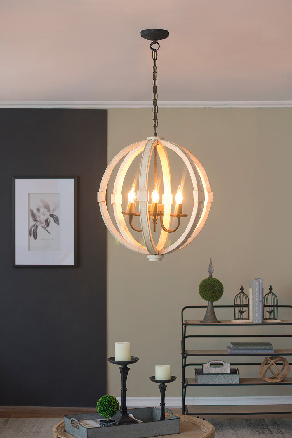 Light Wood Chandelier With Adjustable Chain- 6 Lights