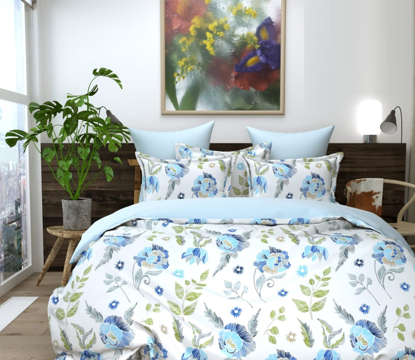 Serenity Sky Cotton Bedsheet Set – Elegant Blue & White Design